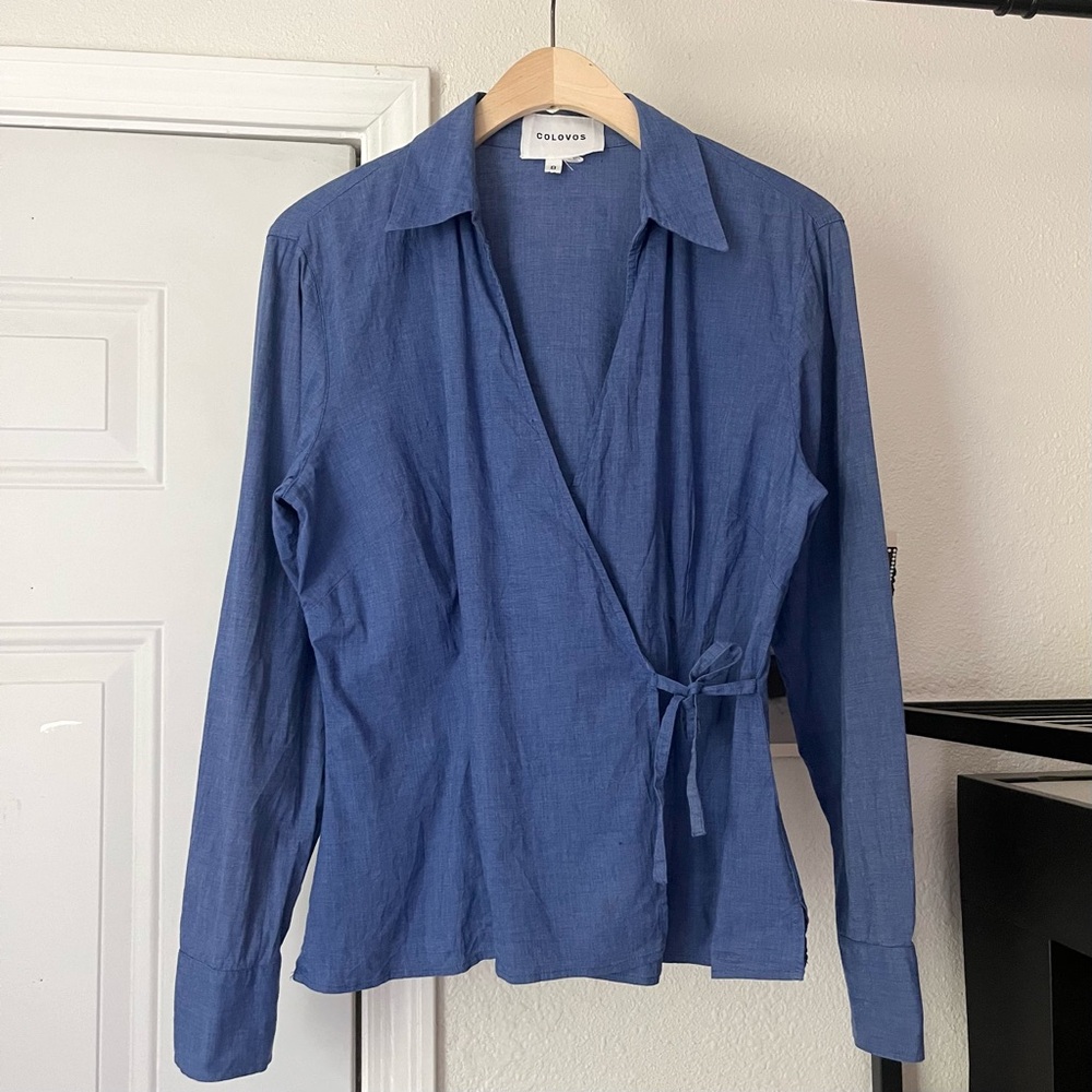 COLOVOS chambray blue long sleeve‎ wrap style blouse shirt